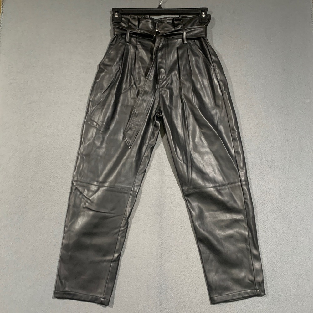 Elam Faux Leather Paperbag Pants Women L Black High Waist Belted Tapered Edgy